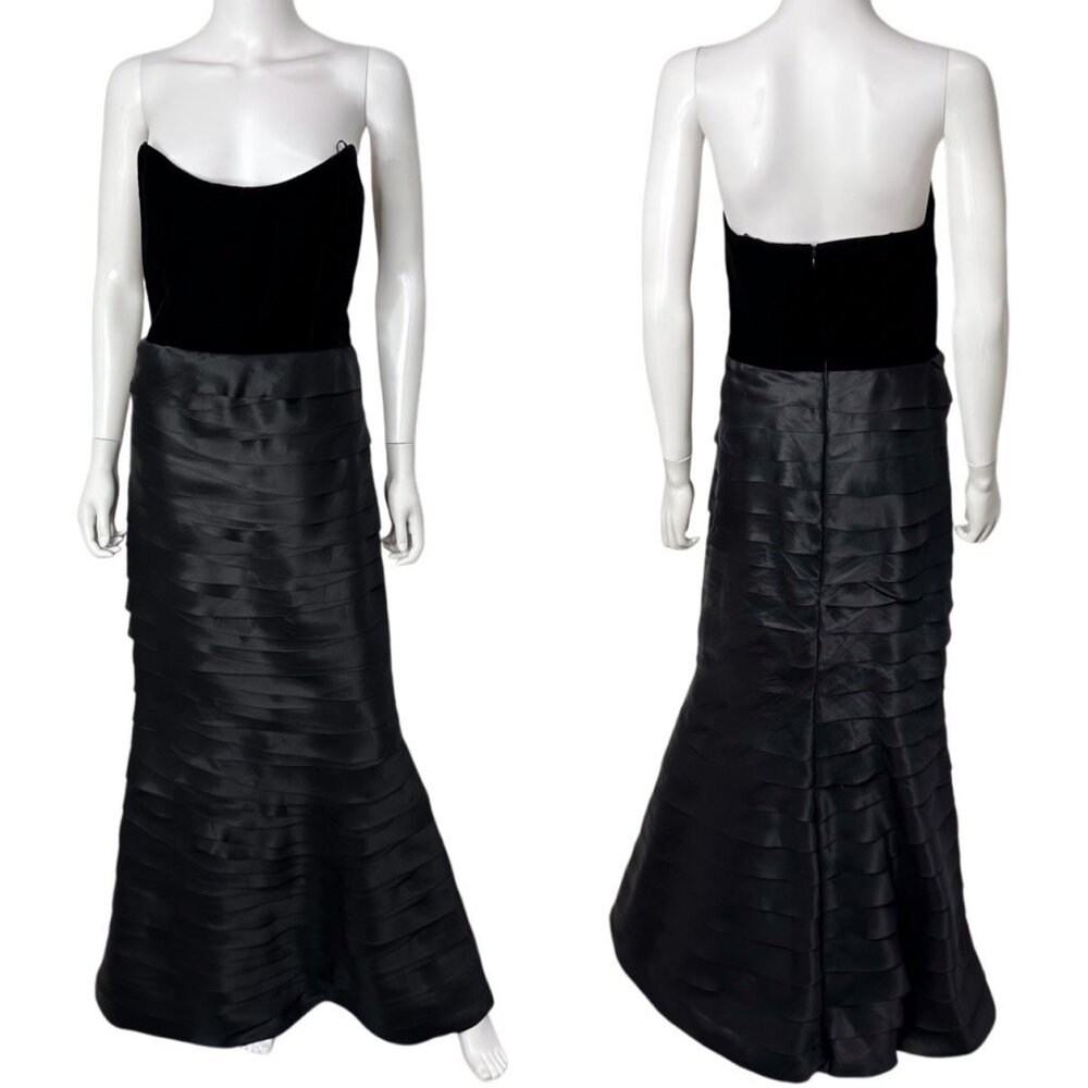 Roland Nivelais Strapless Velvet Tiered Ruffle Maxi Dress Evening Gown in Black